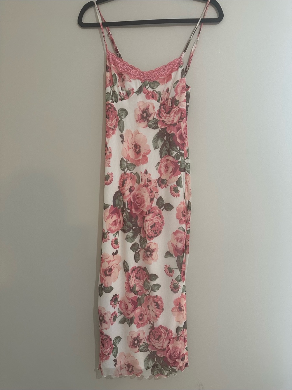 Y2K Floral Lace Trim Slip Dress Mesh Midi Coquette Cottagecore XS